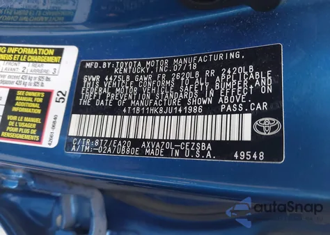 2018 Toyota Camry Se из США, поврежденный, VIN 4T1B11HK8JU141986